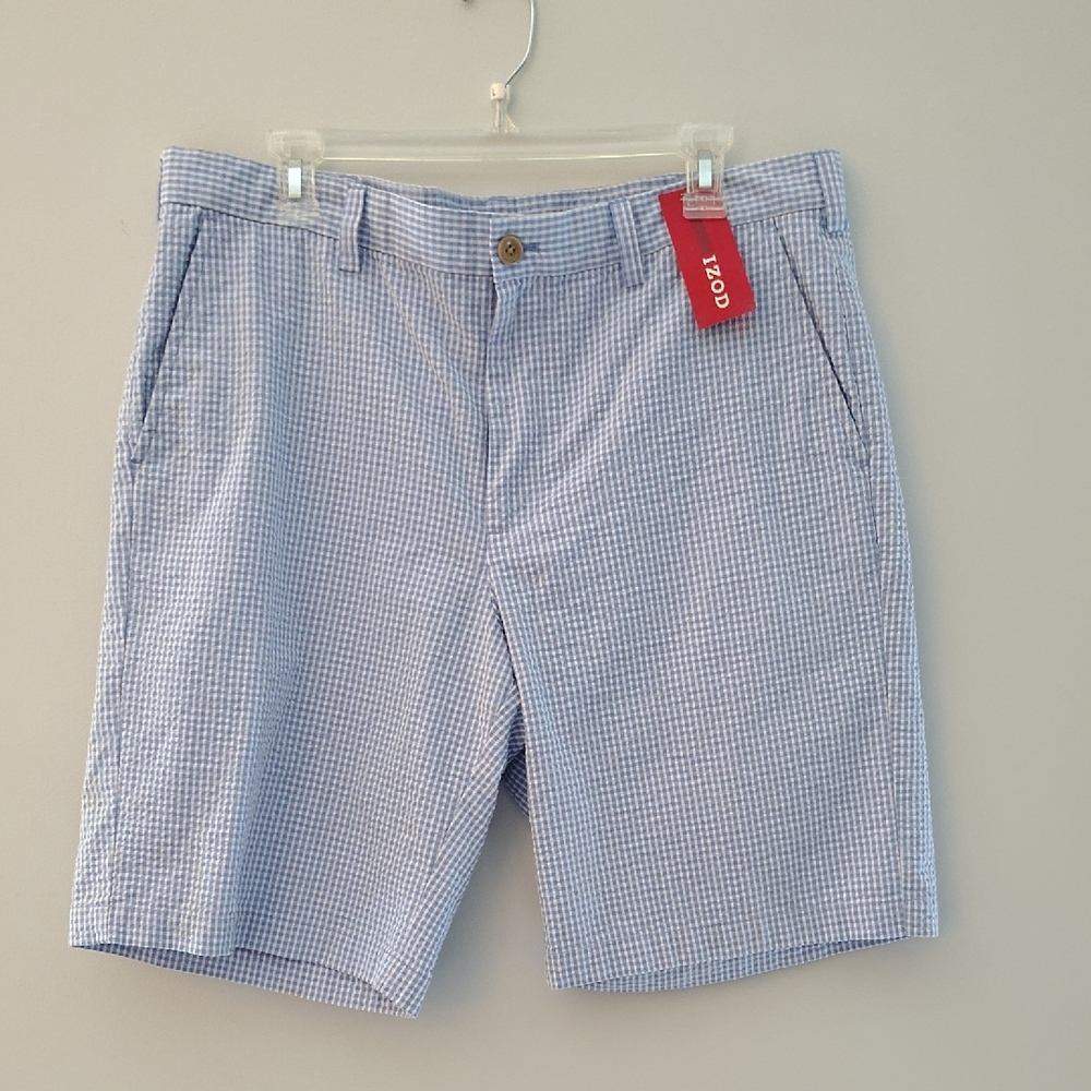 IZOD Golf Shorts Size 36 NWT Blue White Gingham Seersucker Spring Summer Casual
